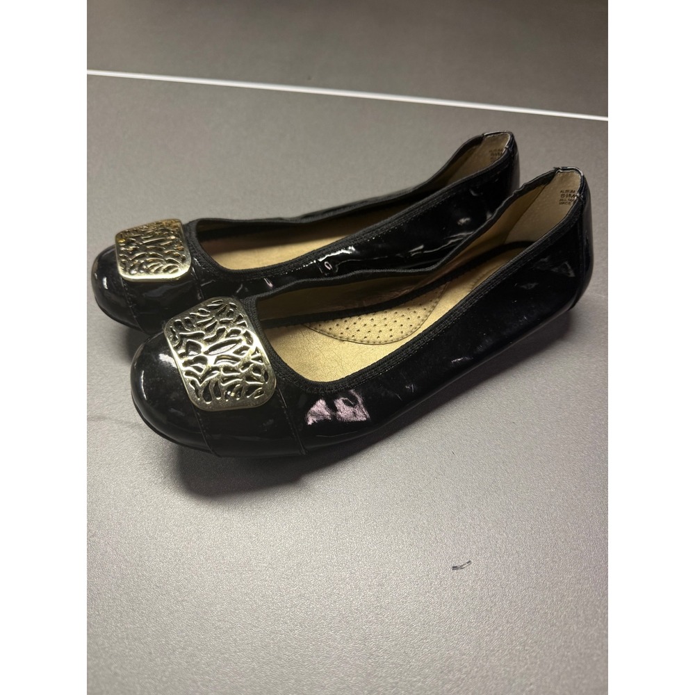 Me Too Album Black Patent Square Toe Ballet Flats Gold Buckle 8.5M - Picture 3 of 8